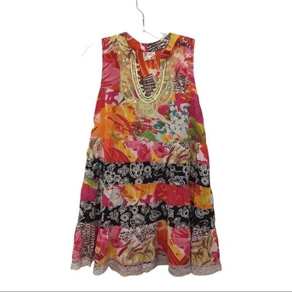 FREE PEOPLE Mini-Dress Multicolored Layered Sequins Neckline Boho Size XS - Picture 1 of 7